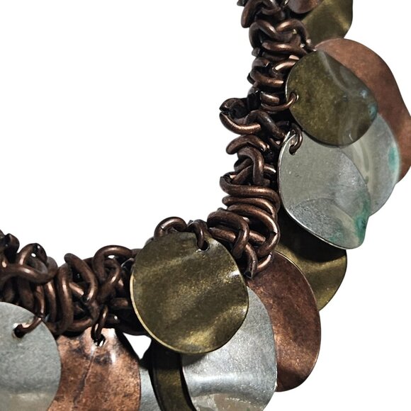 Handcrafted Boho Chic Multi Tone Metal Disc Bracelet Chunky Copper Chain Jewelry - Picture 3 of 4
